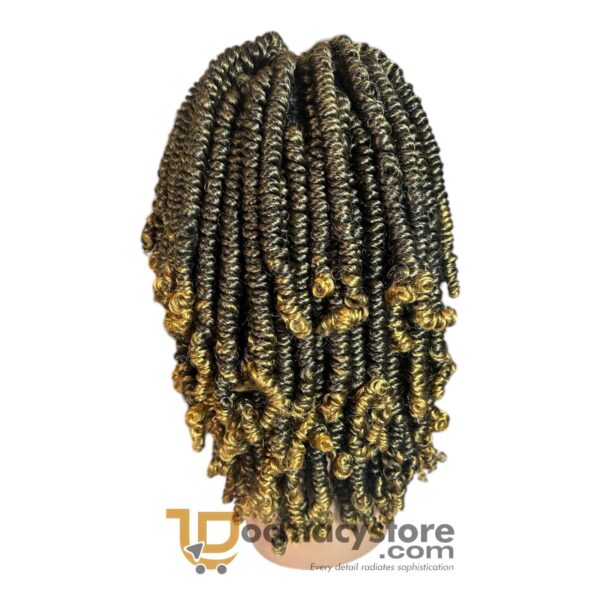 Lace-front wig featuring soft, bouncy twists in a rich blend of black and golden highlights.