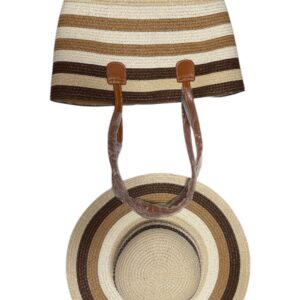 Striped Straw Beach Hat & Tote Bag Set – Beige, Tan & Brown