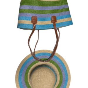 Striped Straw Beach Hat & Tote Bag Set – Beige, Blue, Green & Lilac