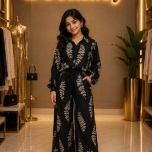 Black Leaf Print Trouser & Shirt Co-Ord Set | UK 12–14