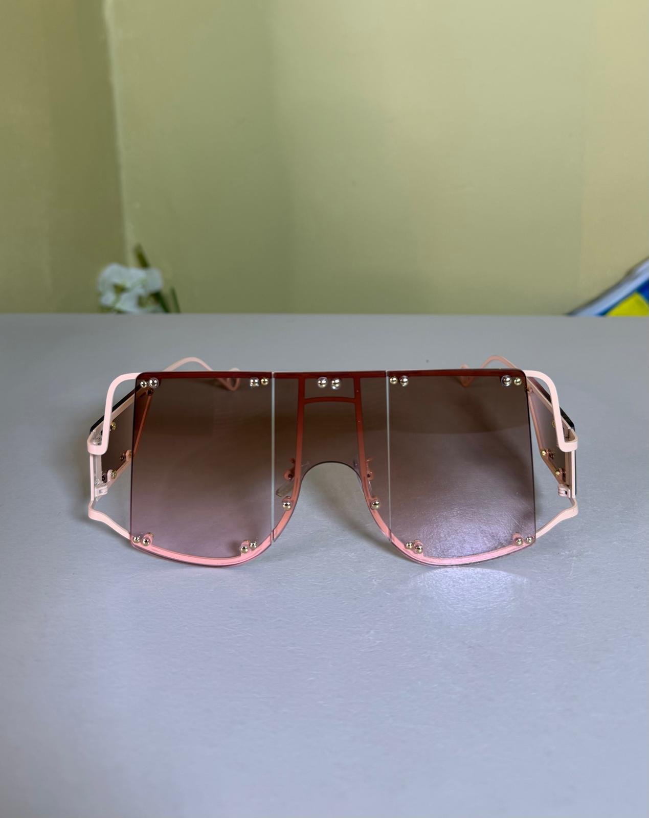 Oversized Rimless Shield Sunglasses – Nude Frame with Brown Smoke Lens