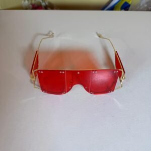 Oversized Rimless Shield Sunglasses – Red Tinted Lens with Gold Frame