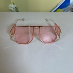 Oversized Rimless Shield Sunglasses – Pink Tinted Lens with Gold Frame