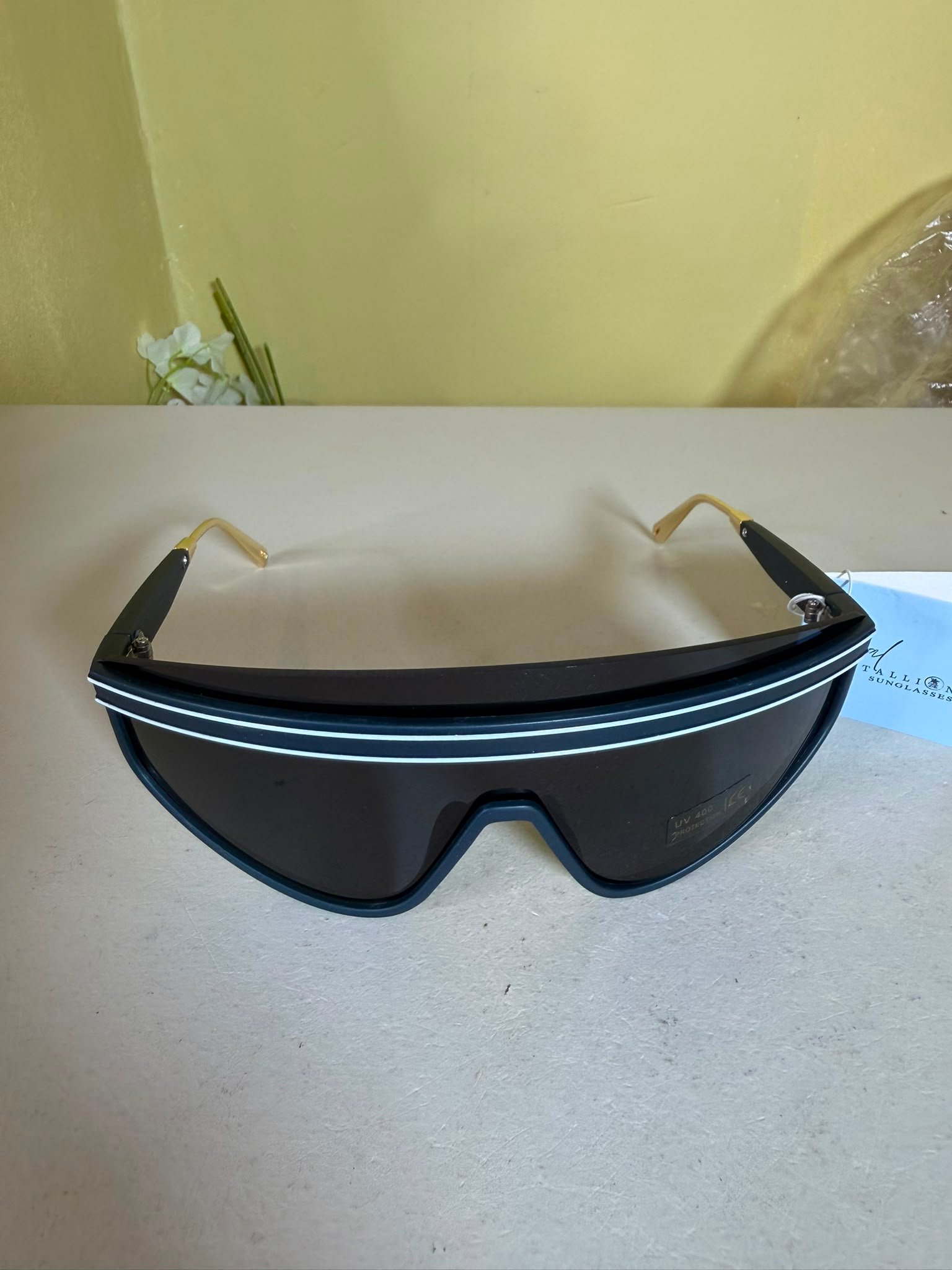 Royal Stallion Wraparound Shield Sunglasses – Smoky Blue-Grey & Gold-Tone