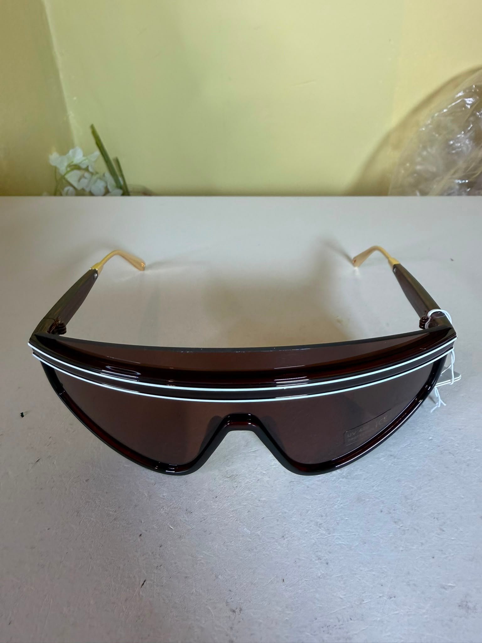 Royal Stallion Wraparound Shield Sunglasses – Brown & Gold-Tone