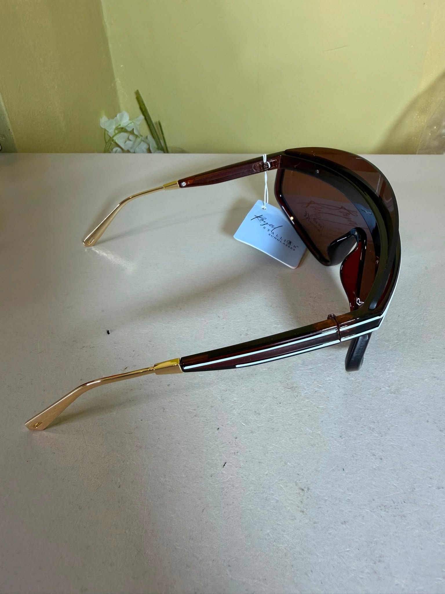 Royal Stallion Wraparound Shield Sunglasses – Brown & Gold-Tone - Image 2