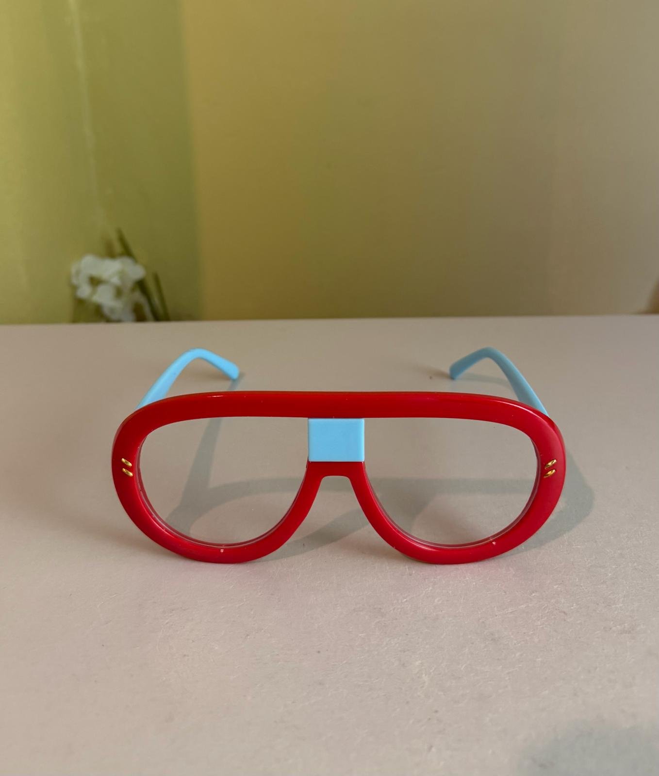 Bold Colour-Block Fashion Glasses – Red & Sky Blue (Clear Lens)
