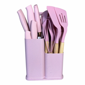 19-Piece Kitchen Utensil Set with Storage Organiser – Pink